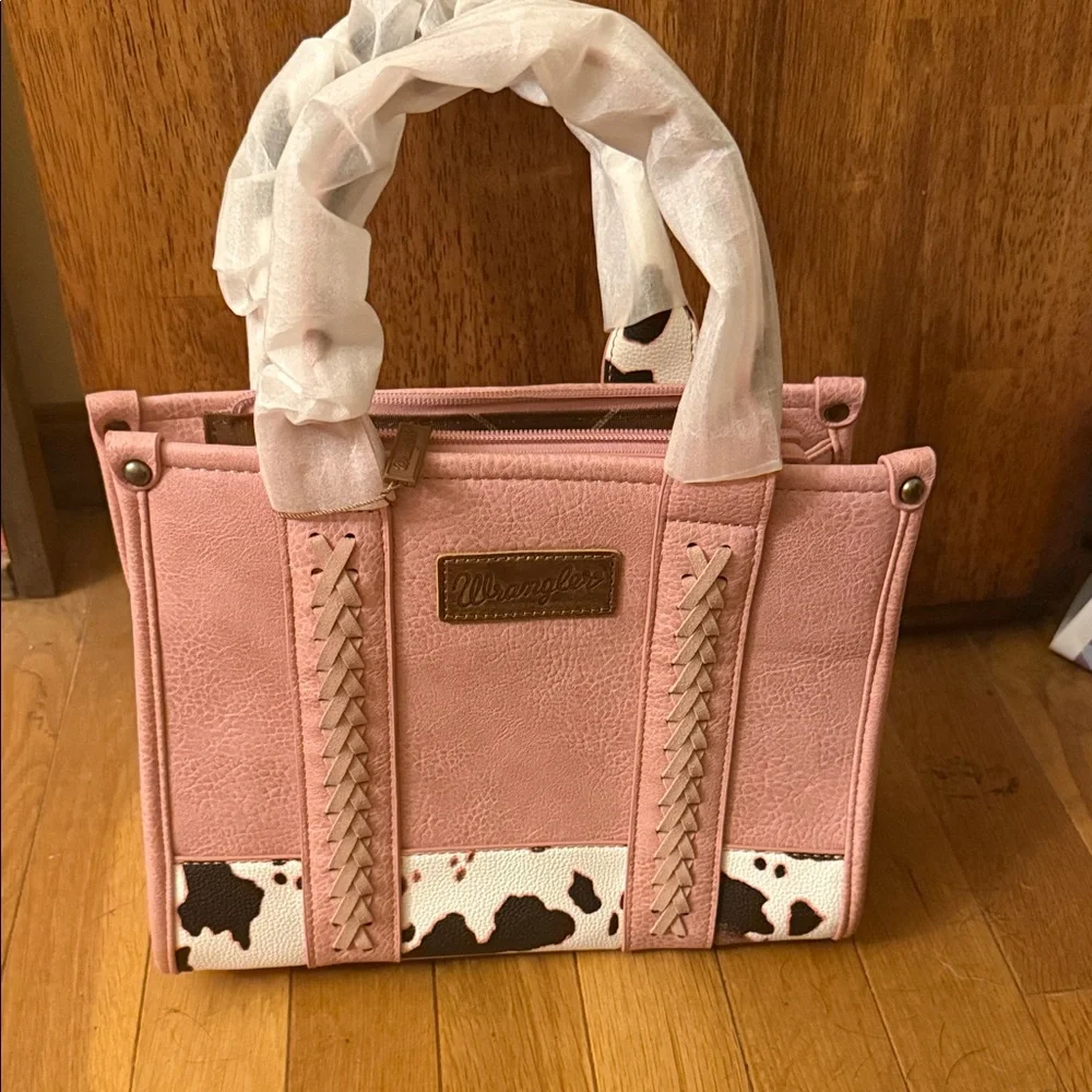 Wrangler Pink and Brown Cow-Print Faux Leather Satchel